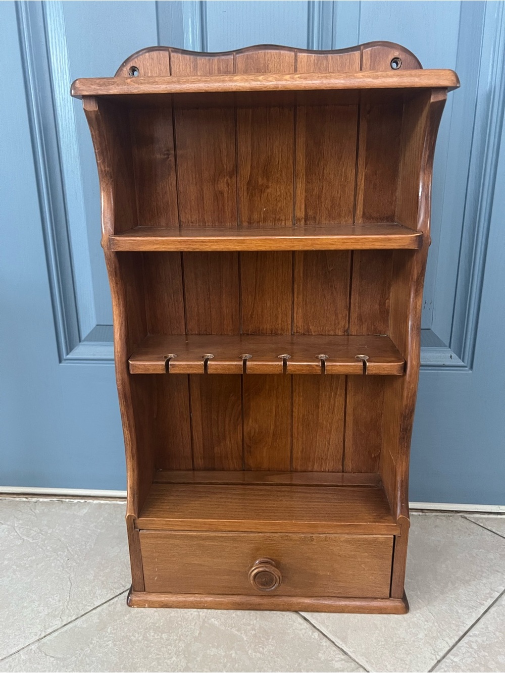 Cottage Core Wooden Wall Shelf with Spoon Slots and Drawer